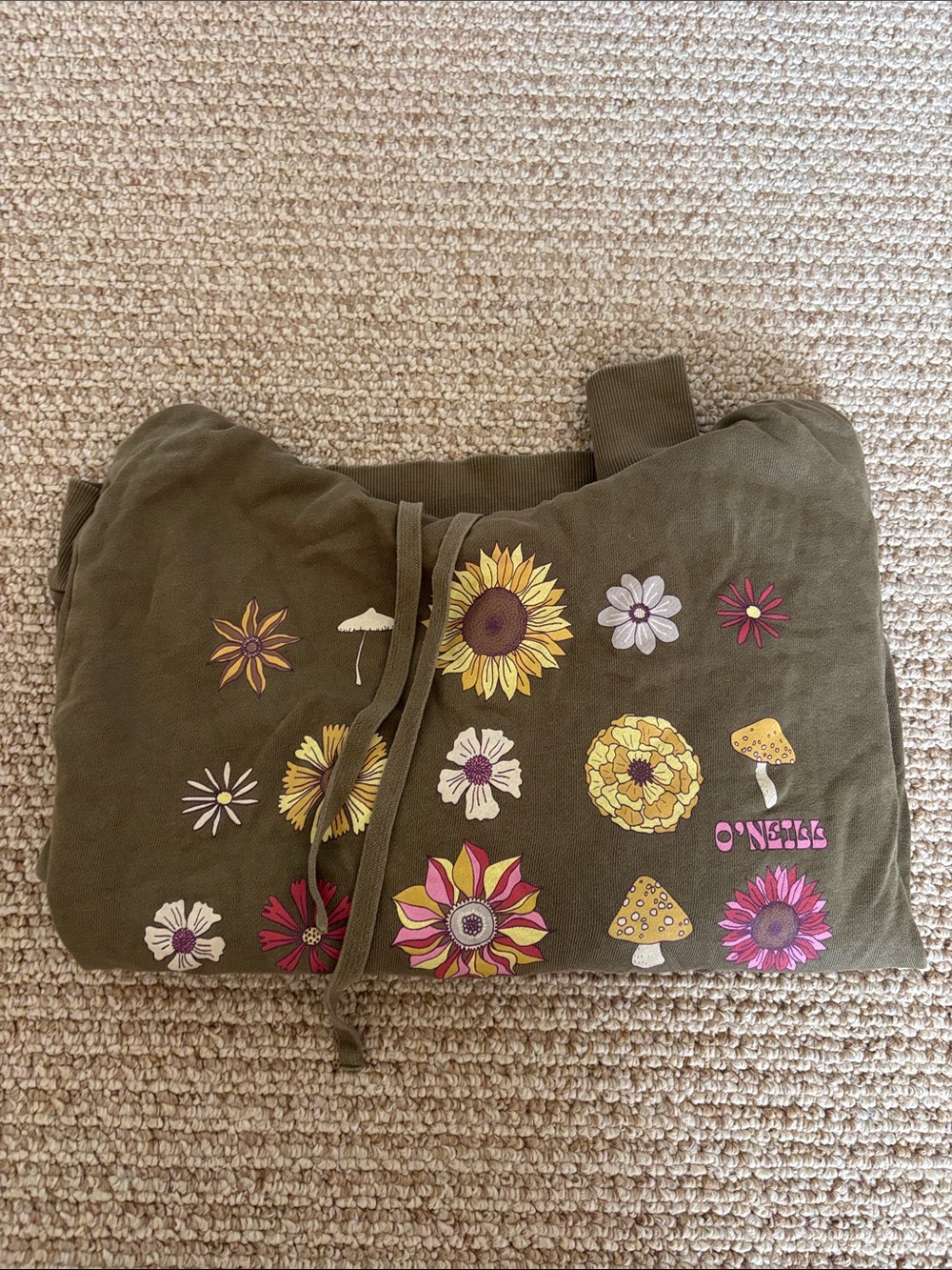 O'Neill Olive Green Crewneck Sweatshirt with Floral & Mushroom Motif